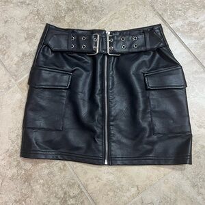 Black Vegan Leather Cargo Skirt with Belt